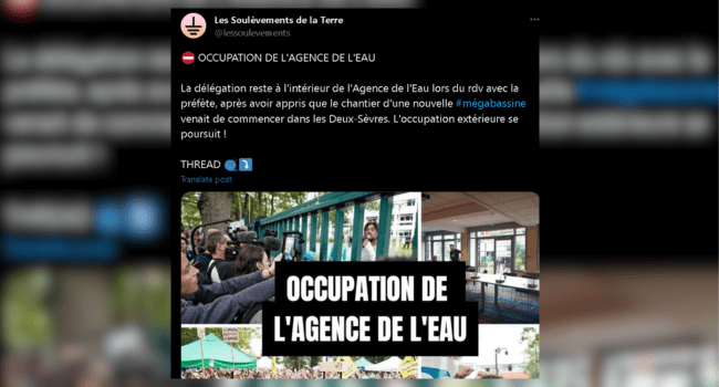 Occupation de l’agence de l’eau à Orléans par les membres du convoi de l’eau | Capture d'écran du tweet des Soulèvements de la Terre